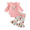 Baby Girls 3PCS Pants Sets Pink Long Sleeve Ruffle Romper Cattle Head Print Flared Pants Headband Sets