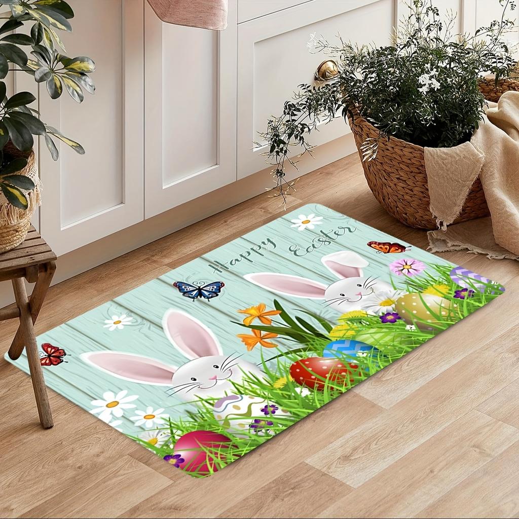 1Pcs Easter Themed Kitchen Mat Soft Cute Bunny Egg And Wood Grain Print Kitchen Floor Mat Waterproof Non-slip Oil-proof Floor Mat Runner Rug