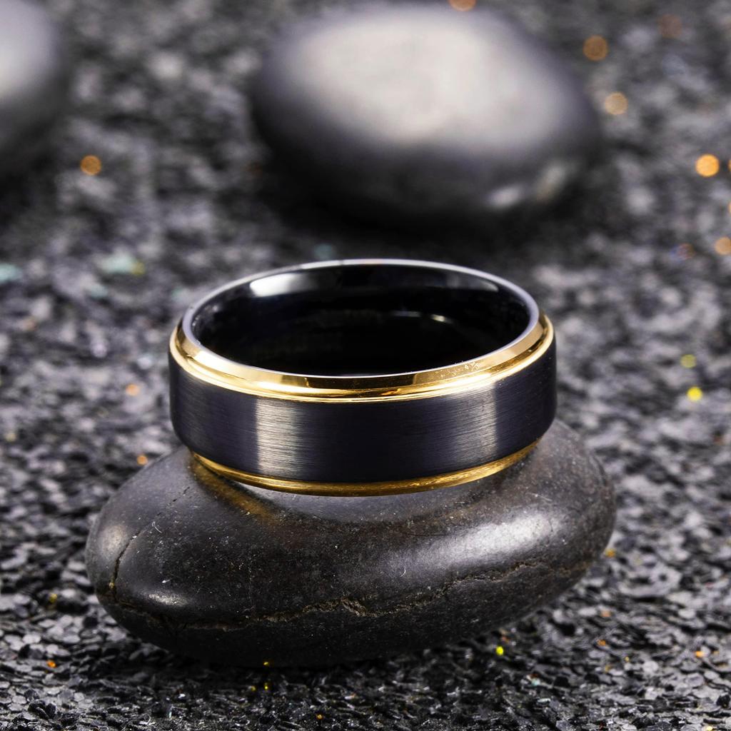 Fashion 8mm Black Brushed Titanium Stainless Steel Rings for Men Women Rose Gold Color Step Edge Men Rings Wedding Party Jewelry