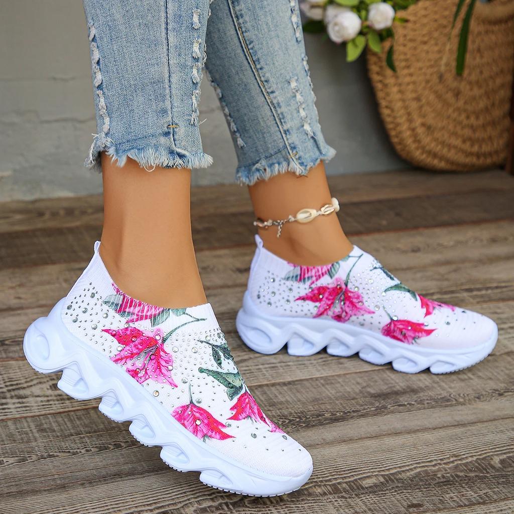 Fashion Women's Print Flower Platform Sneakers Crystal Lightweight Running Shoes for Women Breathable Knitting Sports Shoes Woman 2025