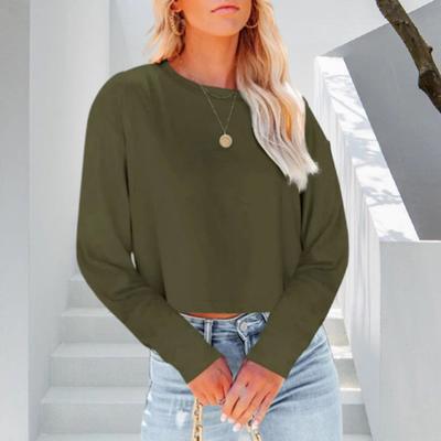 Женские топы с круглым вырезом, длинным рукавом, свободного кроя, укороченные топы, однотонные, повседневные пуловеры для ежедневной носки