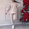 2 Pcs/Set Women Top Pants Suit Round Neck Long Sleeve Slit Hem Sweatshirt Elastic Waist Solid Color Slim Fit Trousers Winter Daily Wear Outfit