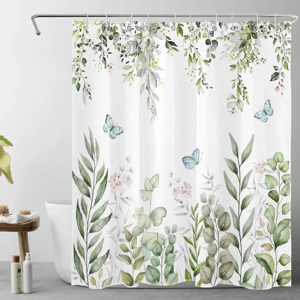 Bohemian Floral Shower Curtain Watercolor Botanical Tropical Palm Leaf Butterfly Modern Simple Polyester Bathroom Decor Curtains