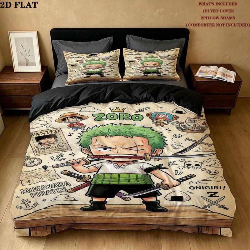Roronoa Zoro One Piece Pattern Bedding Quilt Set Quilt Cover Pillowcase Home Birthday Gift(1 * duvet cover + 2 * pillowcase, without core)