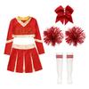 Kids Girls Cheerleading Set Long Sleeve Crop Top with Pleated Skirt and Bowknot Headwear Knee High Stockings 2Pcs Flower Balls for Dance Performance