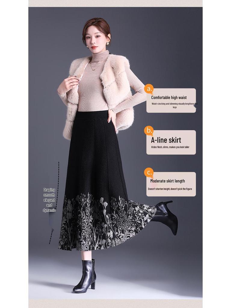 2025 Осень/Зима Цветочная Вязаная Шерстяная Юбка А-силуэта - Высокая Талия, Эластичная, Плотная Длинная Расклешенная Юбка