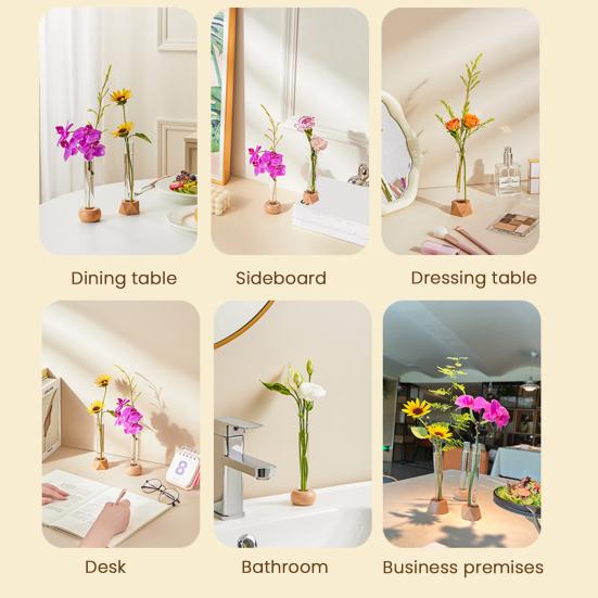 Test Tube Vase Glass Hydroponic Vase With Wooden Stand Desktop Transparent Tube