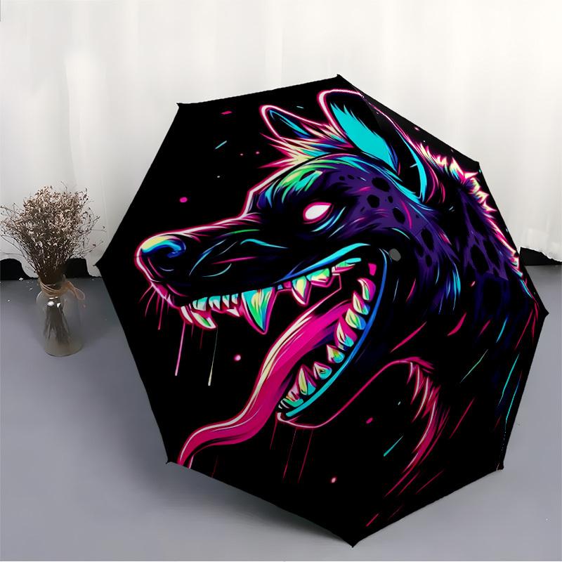 1pc Neon Wolf Auto Open/Close Leisure Cool Umbrella with Windproof, Functional Design, 8-Rib Sturdy Canopy