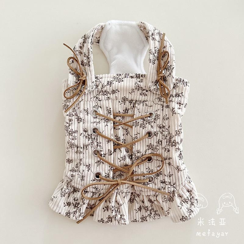 Autumn Winter Striped Lace Doll Collar Base Shirt Cute Corduroy Drawstring Vest Plush Bubble Sleeves Shoulder Strap Skirt Set