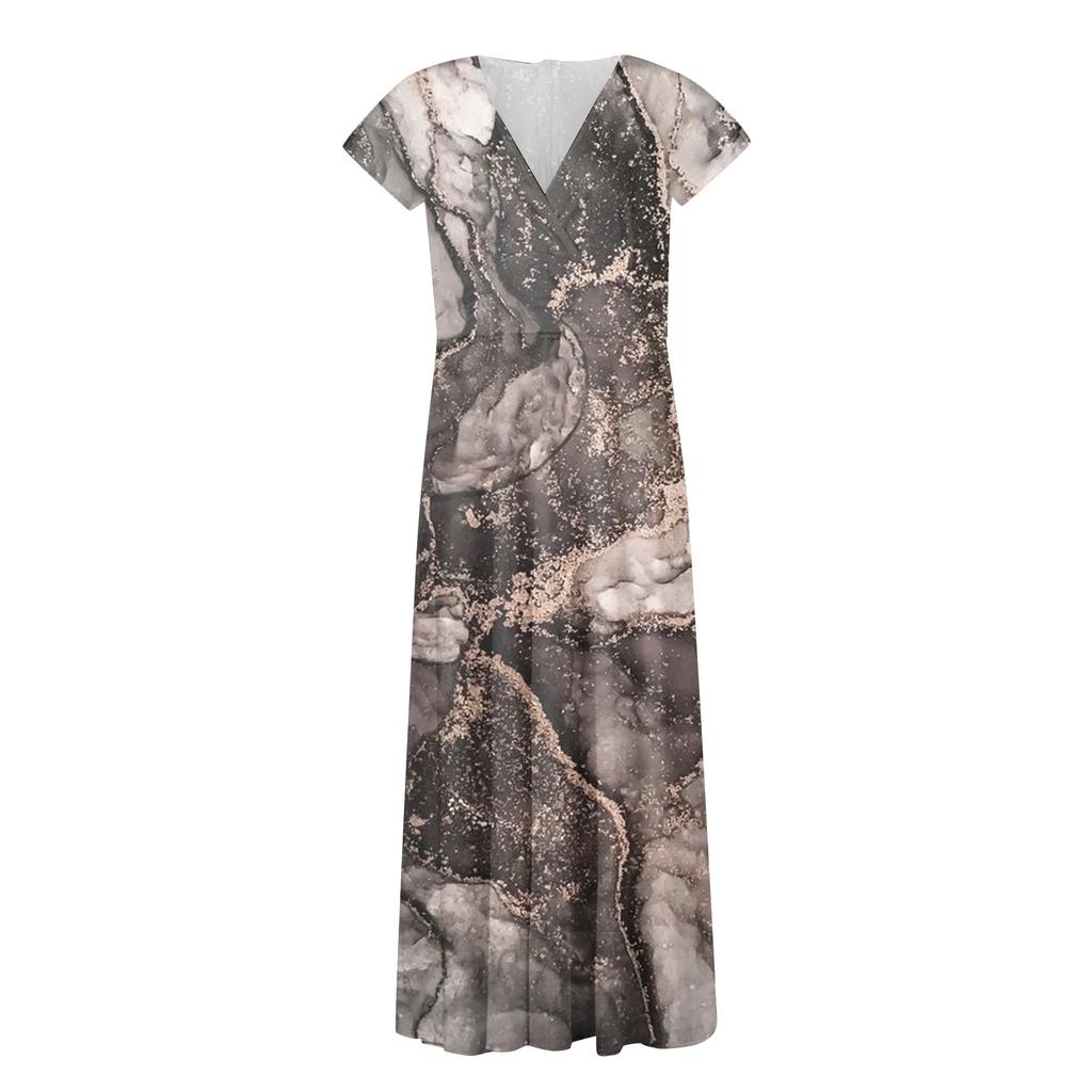 Женское длинное повседневное платье. Летнее платье с короткими рукавами и v-образным вырезом на талии с принтом.