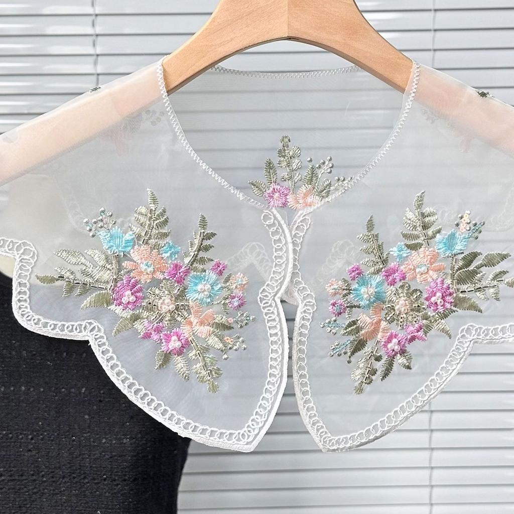 Elegant Organza Colorful Floral Embroidered Beaded Faux Collar for Fashionable Women Detachable Collar Shawl Capelet