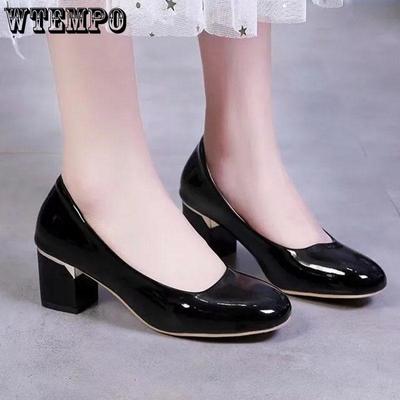 Женские туфли на одинарной платформе, однотонные туфли на среднем толстом каблуке с круглым носком, весенне-осенние яркие кожаные туфли, нескользящие легкие дышащие туфли на высоком каблуке