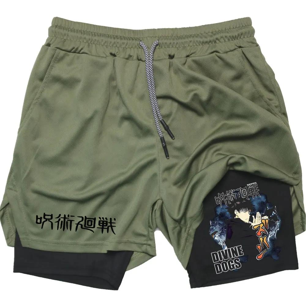 Тренировочные шорты 2 в 1 компрессионные шорты для мужчин тренажерный зал тренировки бег спортивные аниме джиу-джитсу кайсен карманы активная одежда