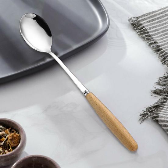 Ложка с деревянной ручкой, сервировочные столовые ложки из нержавеющей стали, нержавеющая обеденная ложка для домашней кухни, ресторана, пикника