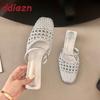Fashion New In Spring Summer Medium Heels Slippers Shoes For Ladies Fashion Weave Women Heeled Slippers Sandals Female Slides Mules