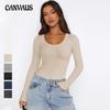 Solid Color Threaded U Neck Bottom Shirt Y2K Clothes Women's Long Sleeves Slim Shirt Women Positive Shoulder Tops