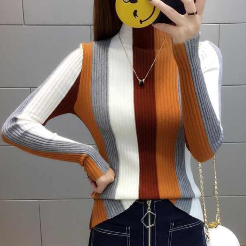 Striped Sweater Contrast Color Women Knit Pullovers Autumn Winter Long-sleeve Knitwear Ladies Turtleneck Sweater Casual Tops