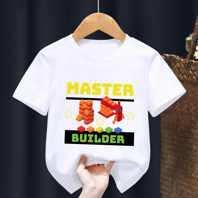 Мастер Билдер Блоки Строительный Принт Мультяшная Детская Футболка для Девочек Летние Топы Одежда для Маленьких Мальчиков Детские Футболки с Коротким Рукавом
