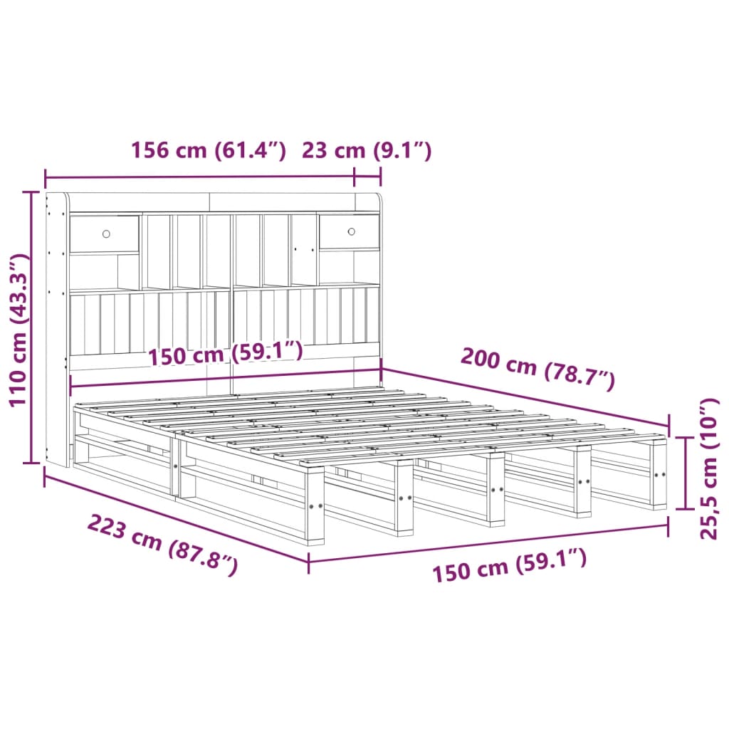 Solid Wood Bed with Shelf Without Mattress White 150x200 cm Pine