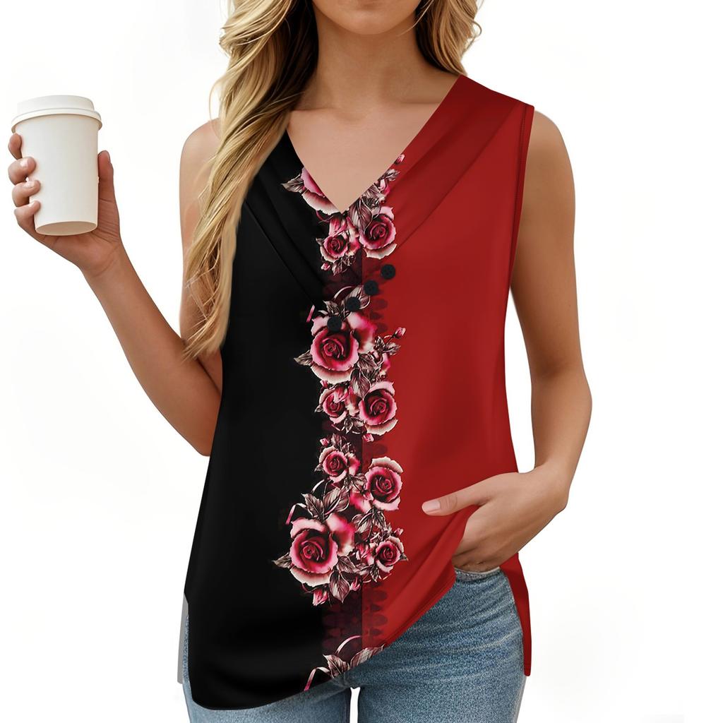 Женская майка с винтажным цветочным принтом, летняя футболка на пуговицах с V-образным вырезом, свободный модный топ без рукавов