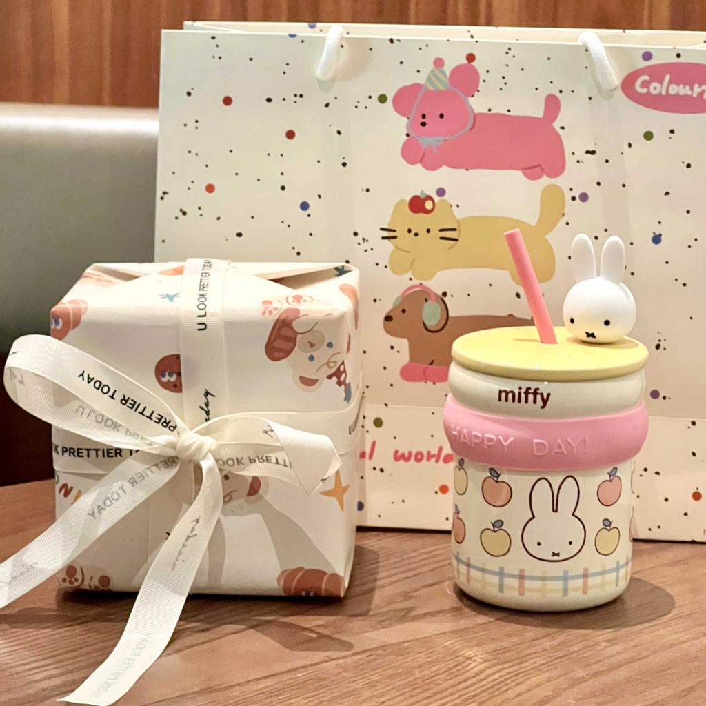 Подарок на день рождения Миффи Кролик Соломенная чашка для воды для девочек Керамическая кружка с крышкой Офисная кофейная чашка Сувенирный подарок