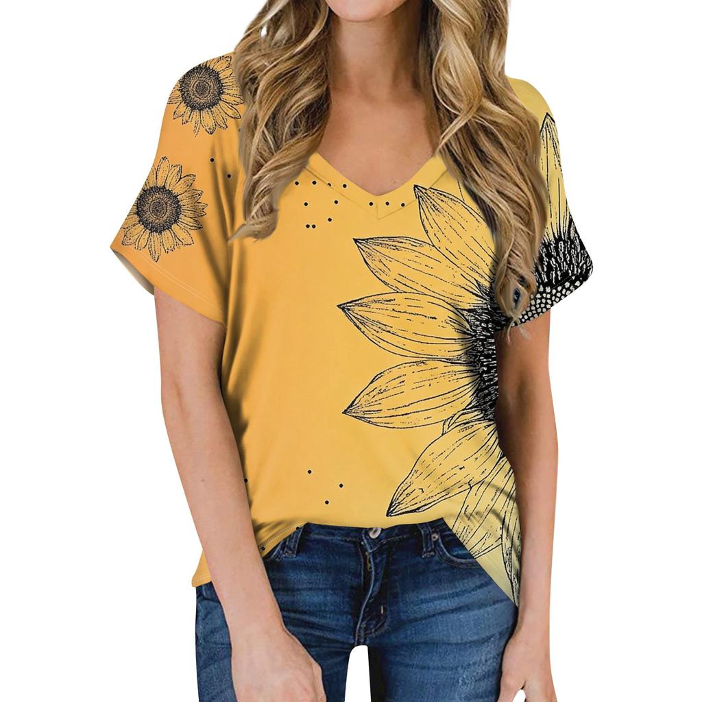 Женская летняя модная повседневная блузка с V-образным вырезом и коротким рукавом с принтом