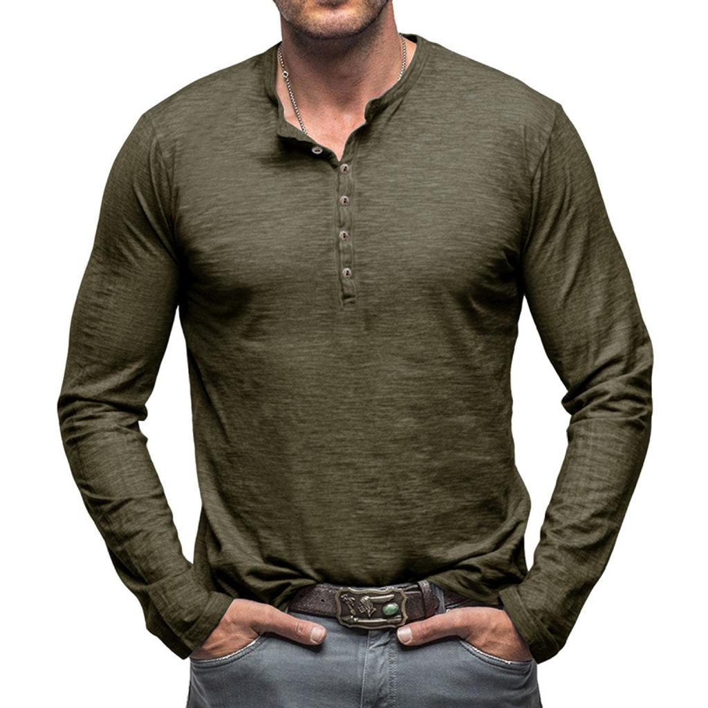 Men's Solid Color Long Sleeve T-Shirt Shirt Men's Casual Sports Top - Seven Buttons
