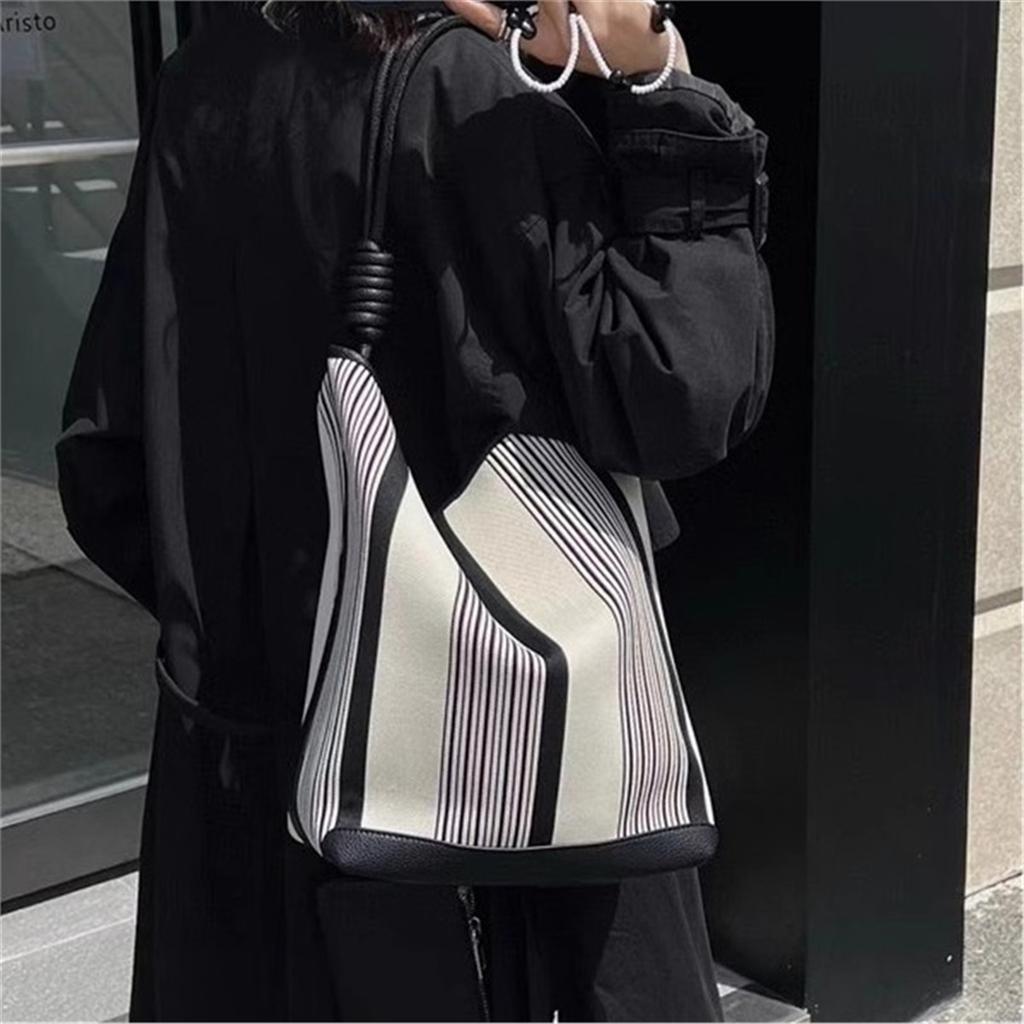 Tote Bag Large Capacity Shoulder Niche Design Bucket Bag Tote Bag Stripe Women Clash Colour Tote Underarm Commuter Bag