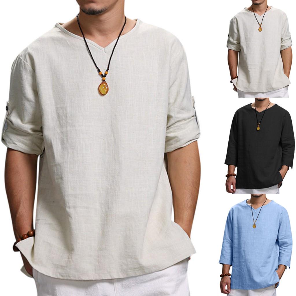 Men's Summer New Cotton And Hemp Top Comfortable Fashion Blouse Top