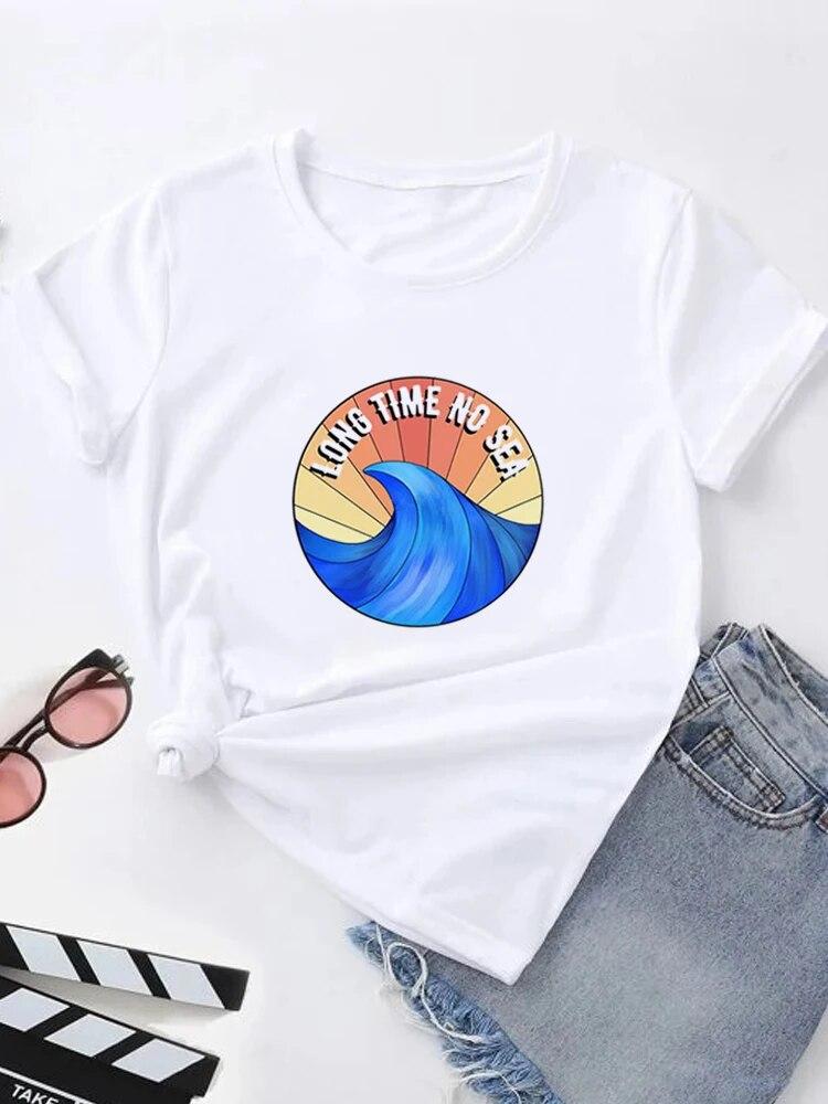 Футболка с летним принтом, женские футболки с рисунком Harajuku, корейская повседневная модная футболка с короткими рукавами Harajuku, белая футболка с круглым вырезом