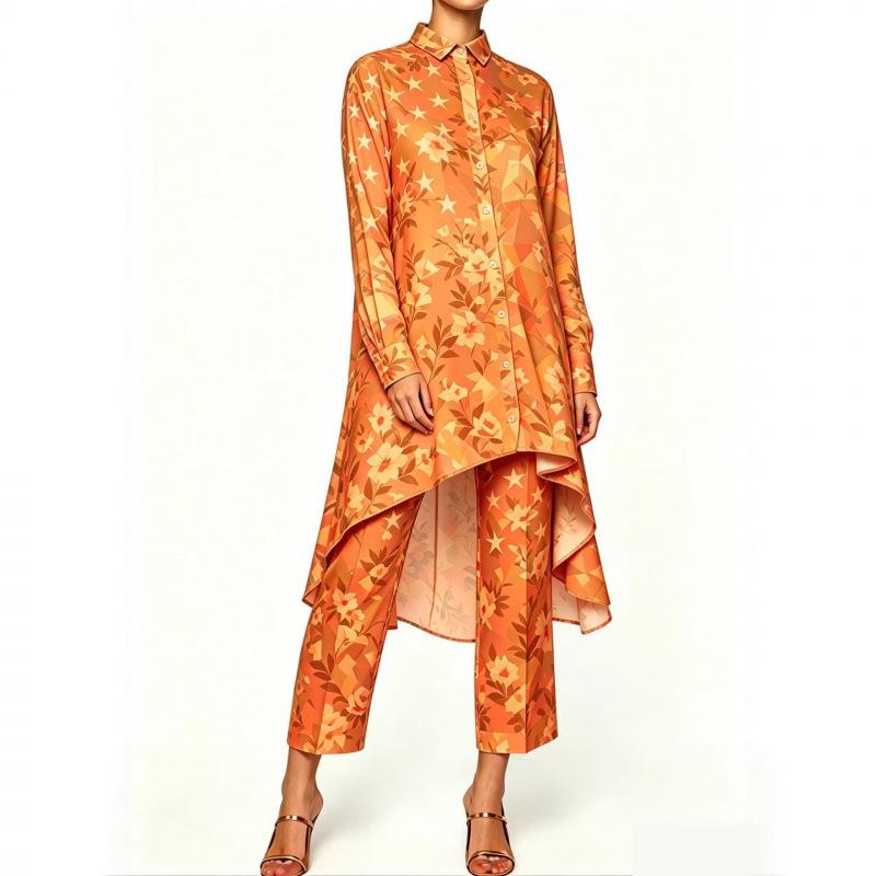 1116 Summer New Green Plant Print Irregular Lapel Long Sleeve Shirt, Cropped Pants, Women's Casual Set
