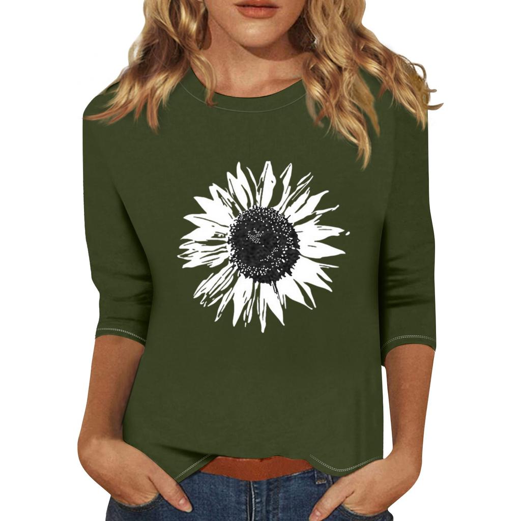 Women's Fashion Casual Round Neck 3/4 Sleeve Loose  Printed T-Shirt Ladies Top