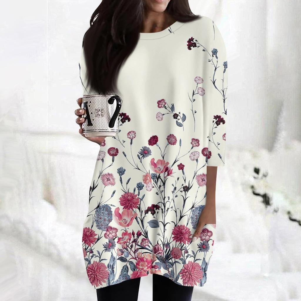 Женская модная повседневная футболка с круглым вырезом и принтом, рукавом 3/4, двойным карманом