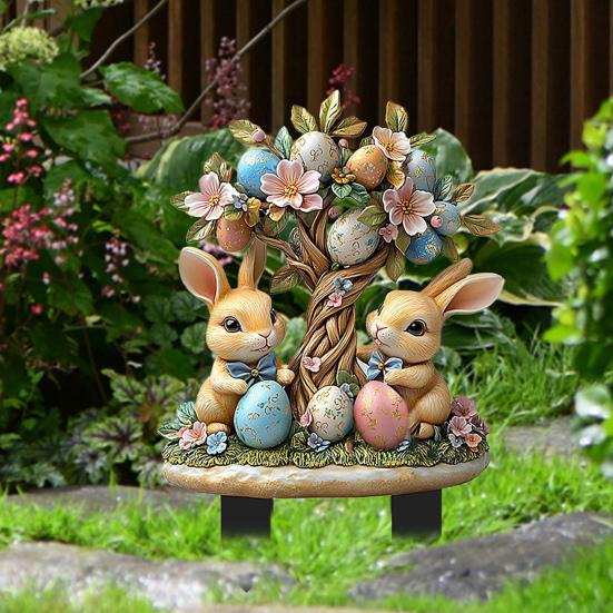 Easter Garden Stake 2D Acrylic Bunny Yard Decor Stake Cartoon Rabbit Colored Eggs Welcome Sign Stake Fairy Garden Accessories for Lawn Porch