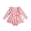 Baby Girl Romper Dress Cute 3D Bow Flower Long Sleeve Patchwork Lace Ribbed Jumpsuit for Fall Spring