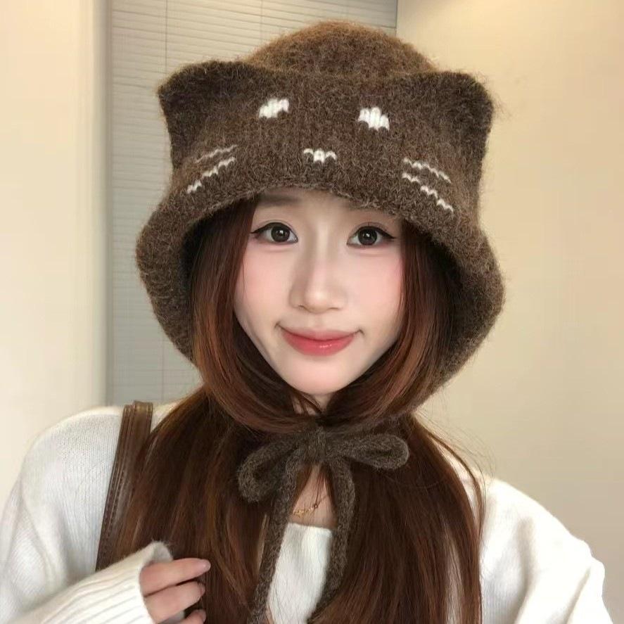 Cat Ears Knitted Beanie Hat for Women Autumn Winter Warm Cat Face Earflap Bonnet Braided Ties Ear Protection Winter Hat