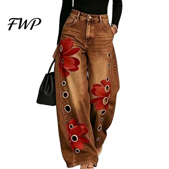 High Rise Trousers Women Waisted Wide Leg Jeans, Vintage Floral Print Faux Denim Jeans Trousers, Loose Fit Casual Pants with Pockets & Metal