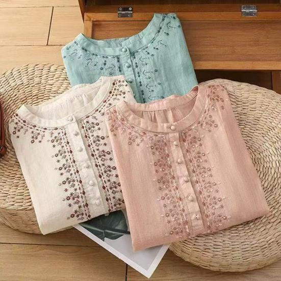 Women Shirt Retro Style Embroidery Flower Pattern Pullover Tops Round Neck 3/4 Sleeve Summer Casual Blouse