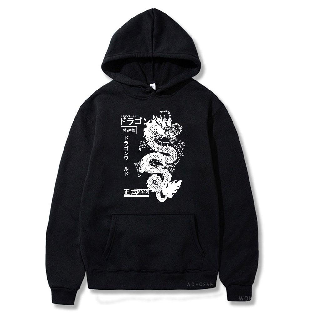 Japanese Letter & Dragon Graphic Drawstring Hoodies Unisex Fashion Casual Oversized Loose Pullover Tops Spring Autumn Black Sweatshirts