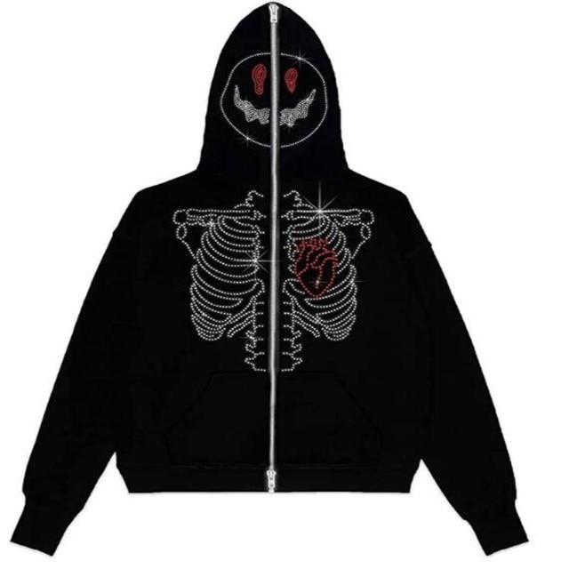 Rhinestone Cobweb Zip Up Oversized Sweatshirt 2023 Autumn Goth Hoodie Men Women Grunge Hooded Jacket Streetwear Y2k Clothing