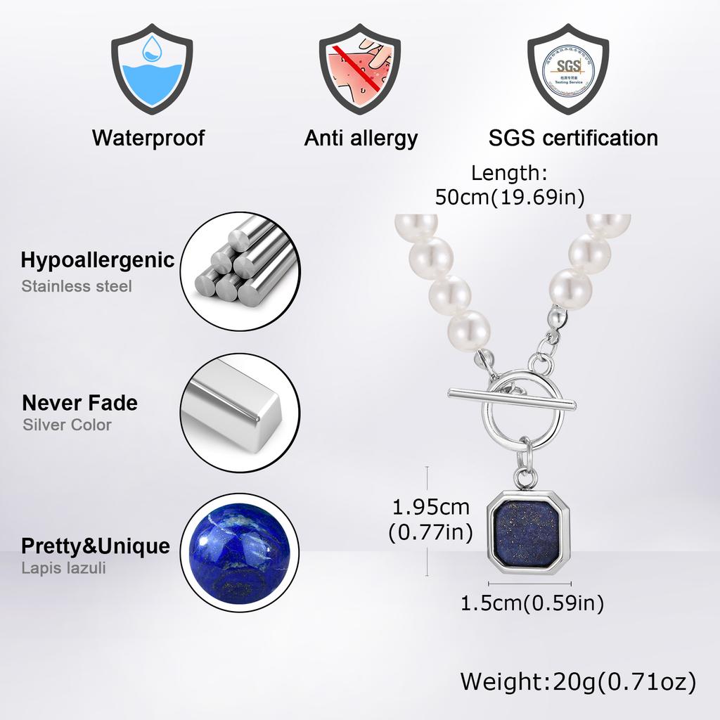 Trendy Square Natural Stone Stainless Steel Necklaces, Imitation Pearl Beads Chain Necklace, Hip Hop Cool Fashion Jewelry Gift