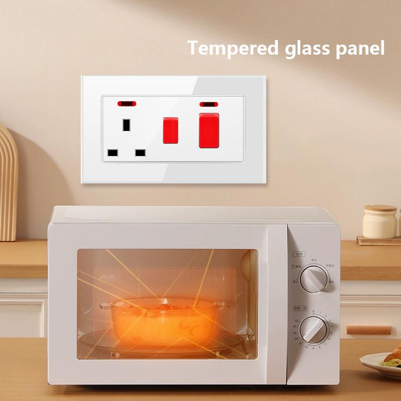 146 UK Standard 45A High Power Kitchen Electric Switch Socket 13A Wall Power Supply Cooker Glass Plastic Aluminum outlet Black