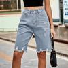 Women's High Waisted Distressed Bermuda Denim Shorts Knee Length Ripped Stretchy Jean Shorts with Pockets Frayed Hem Short Pants