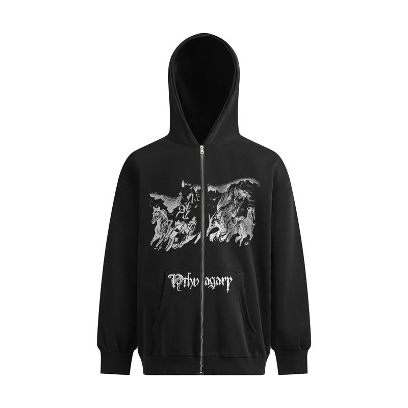 Unisex Oversized Hooded Sweatshirt With Horse Riding Print Winter Warm Cotton Blend Long Sleeve Streetwear