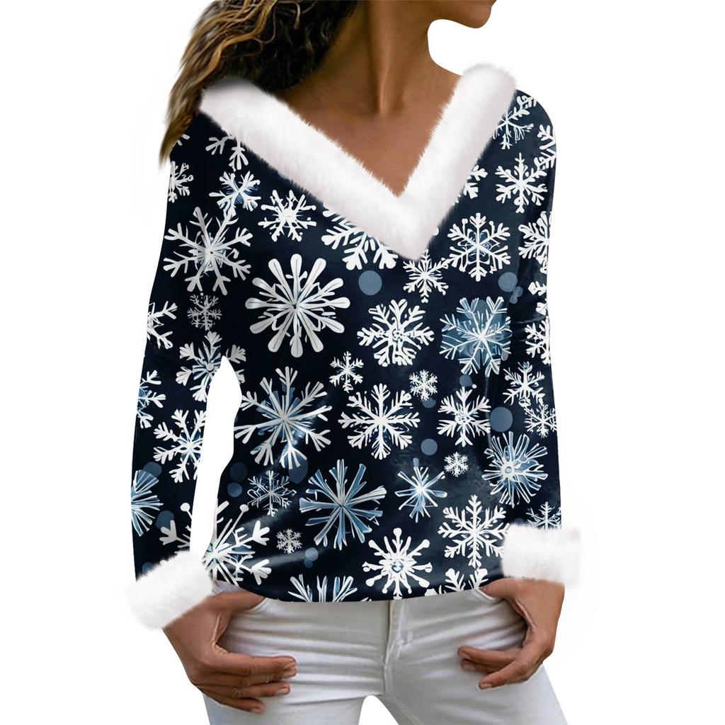 Женская футболка с рождественским принтом, футболка с длинным рукавом, флисовый воротник, топ с V-образным вырезом