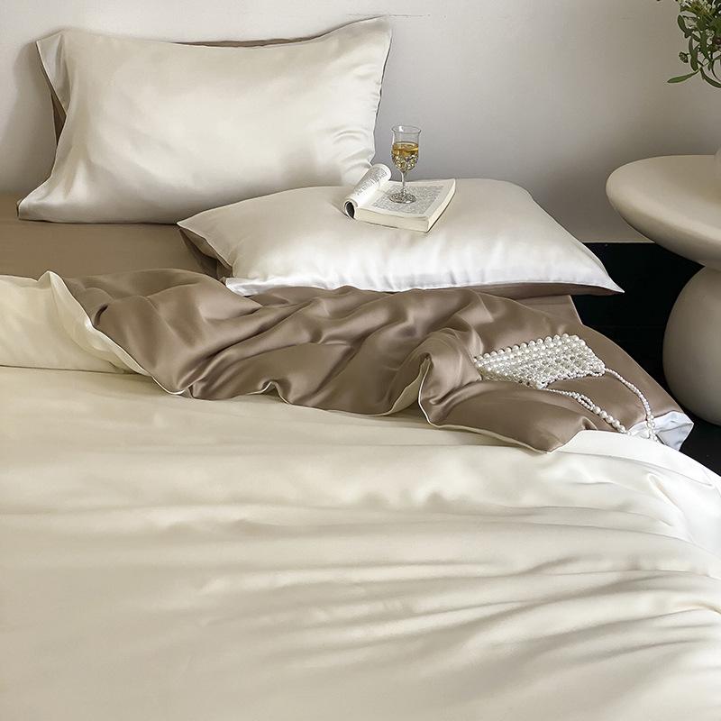 Летний однотонный комплект из четырех предметов из ледяного шелка, прохладный на ощупь, простыня, пододеяльник, комплект постельного белья из трех предметов для общежития, удобное постельное белье