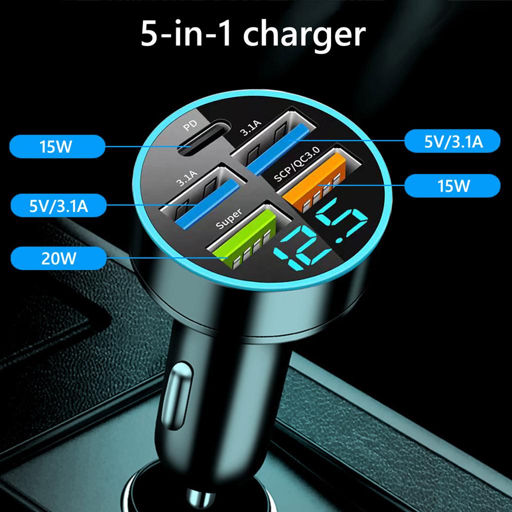 Car Charger 5 Ports USB Super Fast Charging Intelligent Charging Voltage Detection Digital Display Car Adapter Phone Charger