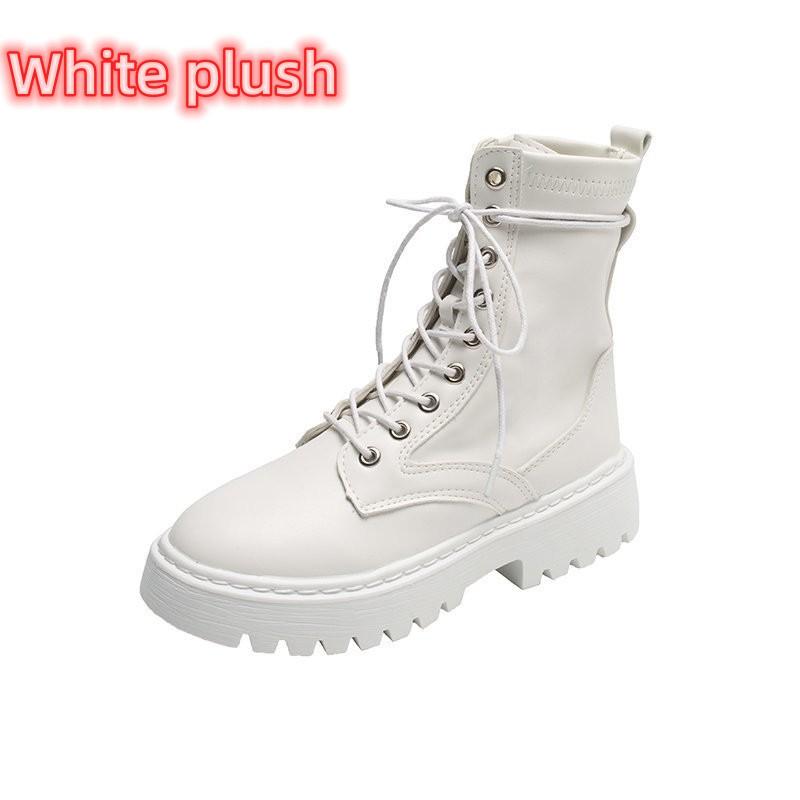 2024 Зимние новые ботинки средней высоты с круглым носком и толстой подошвой для женщин, теплые повседневные нескользящие туфли больших размеров, модные уличные стильные