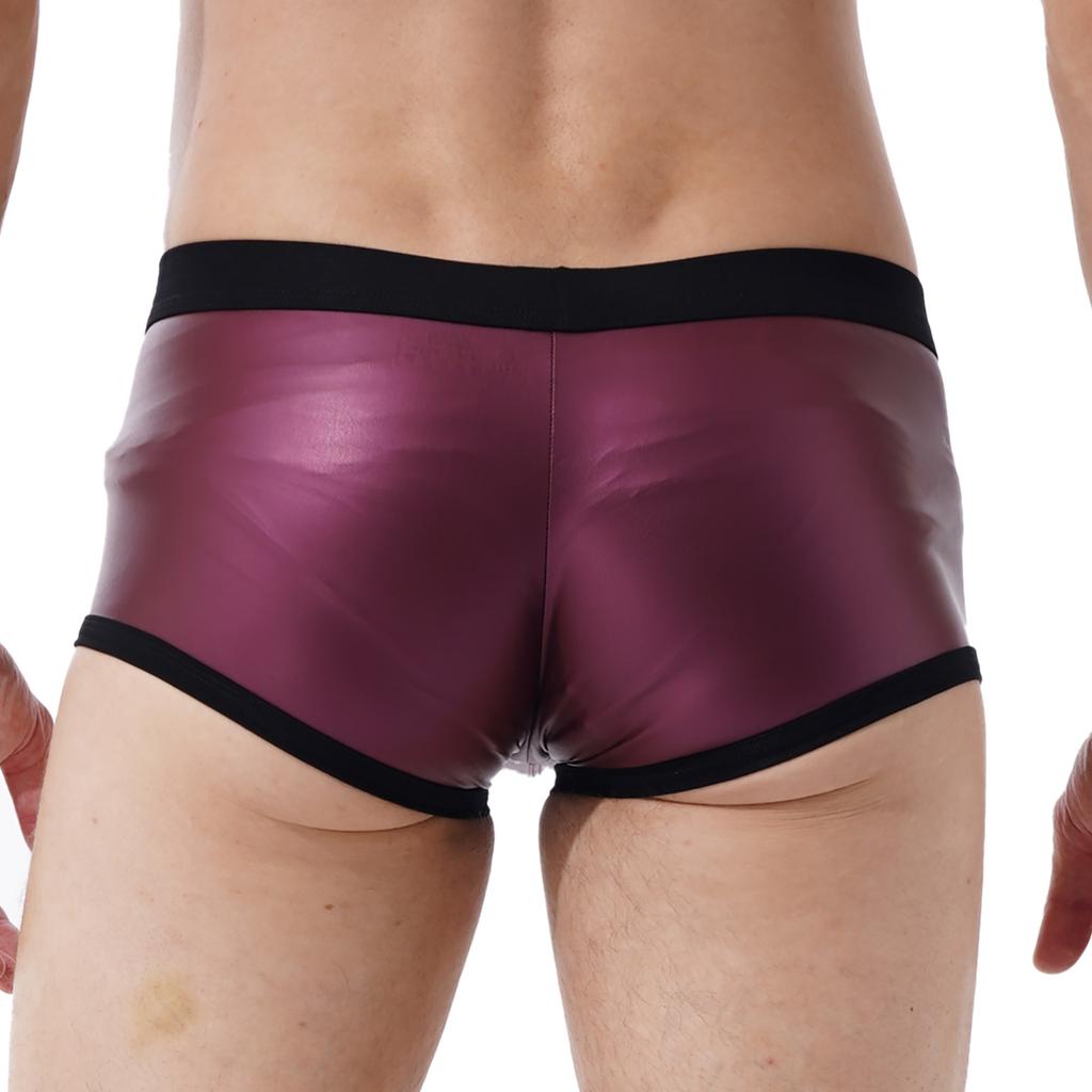 Men Low Waist Faux Leather Boxer Shorts Sports Swimming Trunks Swimwear Bulge Pouch Underpants Underwear