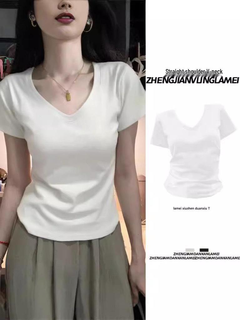 Женская летняя футболка с коротким рукавом и V-образным вырезом, облегающего кроя: Стильный, Универсальный и Высококачественный Дизайн